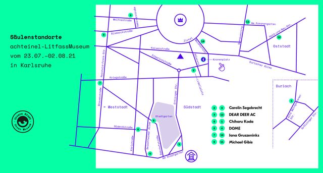 Karte mit den Standorten der Litfaßsäulen der ersten Ausstellung vom 23.07. bis 12.08. in Karlsruhe